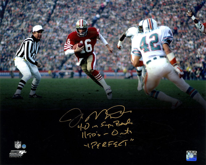Joe Montana Signed 'Run vs. Dolphins' Spotlight 16x20 Photo w/ "4-0 in Super Bowls  11TD's- 0INT's  Perfect" Inscription
