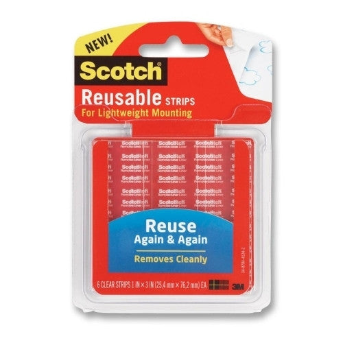 3M Commercial Office Supply Div. Reusable Tabs, Adhesive, 1"x3", 6 Squares/PK, Clear