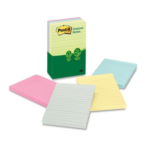 3M Commercial Office Supply Div. Post-it Note Pads,Lined,Recycled,4"x6",90 Sh/PD,5/PK,Pastels