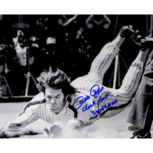 Pete Rose Signed Head First Slide 8x10 BW Photo w Clark Kent Superman Insc.
