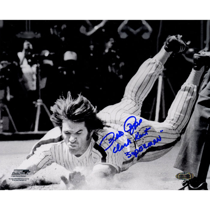 Pete Rose Signed Head First Slide 8x10 BW Photo w Clark Kent Superman Insc.