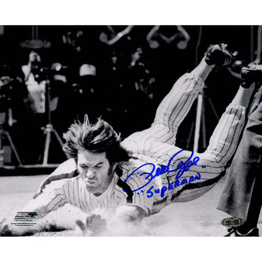 Pete Rose Signed Head First Slide 8x10 BW Photo w Superman Insc.