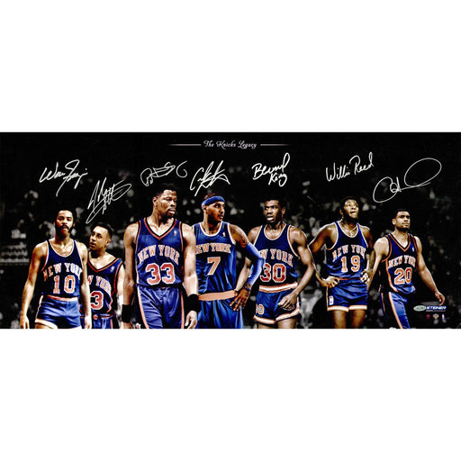Walt FrazierCarmelo AnthonyBernard KingAllan HoustonPatrick EwingWillis Reed John Starks Multi Signed Knicks Legacy 14x32 Collag