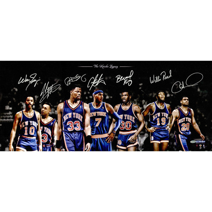 Walt FrazierCarmelo AnthonyBernard KingAllan HoustonPatrick EwingWillis Reed John Starks Multi Signed Knicks Legacy 14x32 Collag