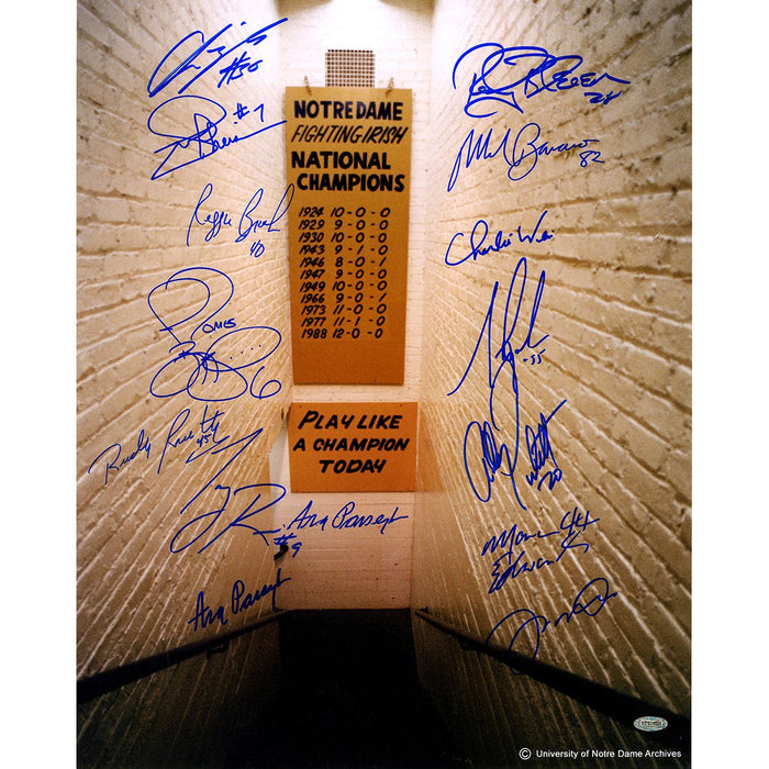 Notre Dame Greats 15 Signature Notre Dame Locker Room Tunnel w Play Like a Champion Sign Vertical 16x20 Photo