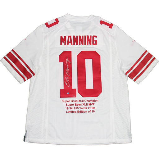 Eli Manning Signed White Giants Nike Jersey w XLII Embroidered Stats (LE10)