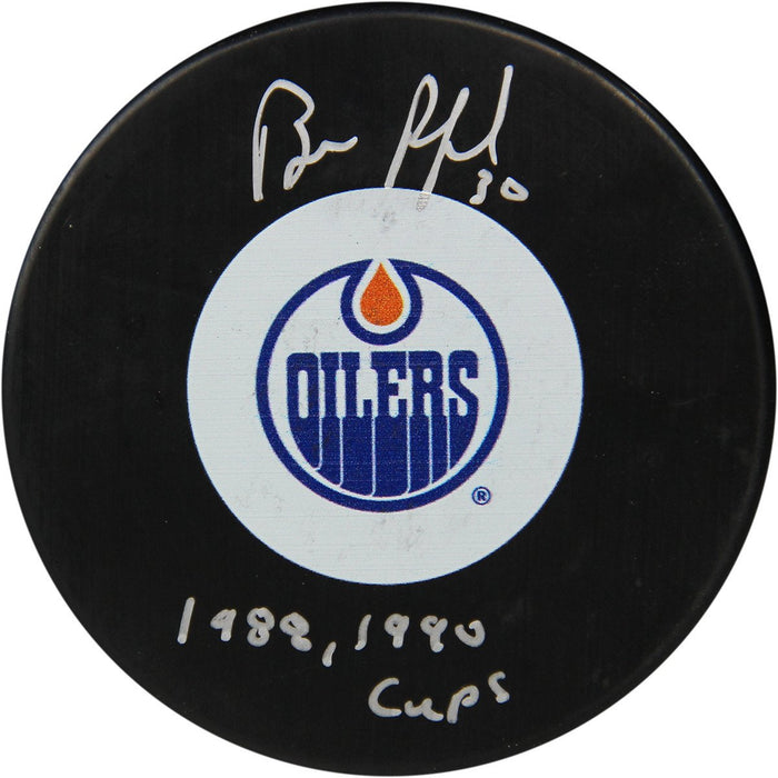 Bill Ranford Autographed Edmonton Oilers Puck with 1988 1990 Cups Insc (Sport Authentix Auth)
