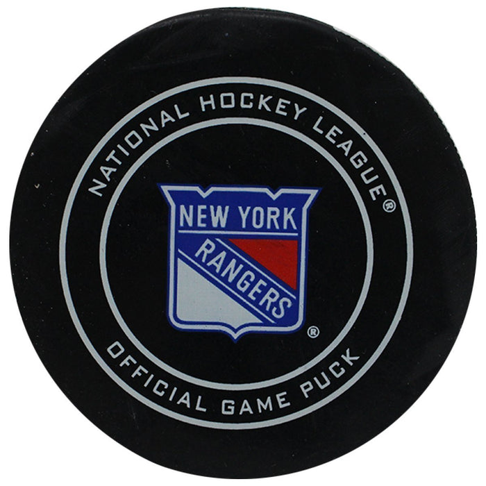 New York Rangers 2018-2019 Game Used Puck (11/21/2018 vs. New York Islanders)(NYR Goal #3 By Pionk- Assists By Namestnikov, Zibanejad) 
