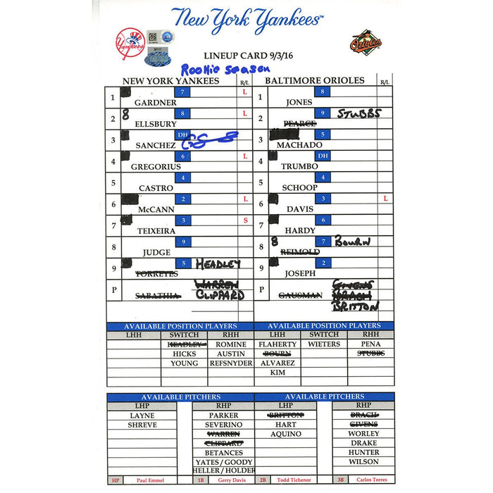 Gary Sanchez Signed Yankees at Orioles 9-3-2016 Game Used Lineup Card w/ "Rookie Season" Insc (JB049040)