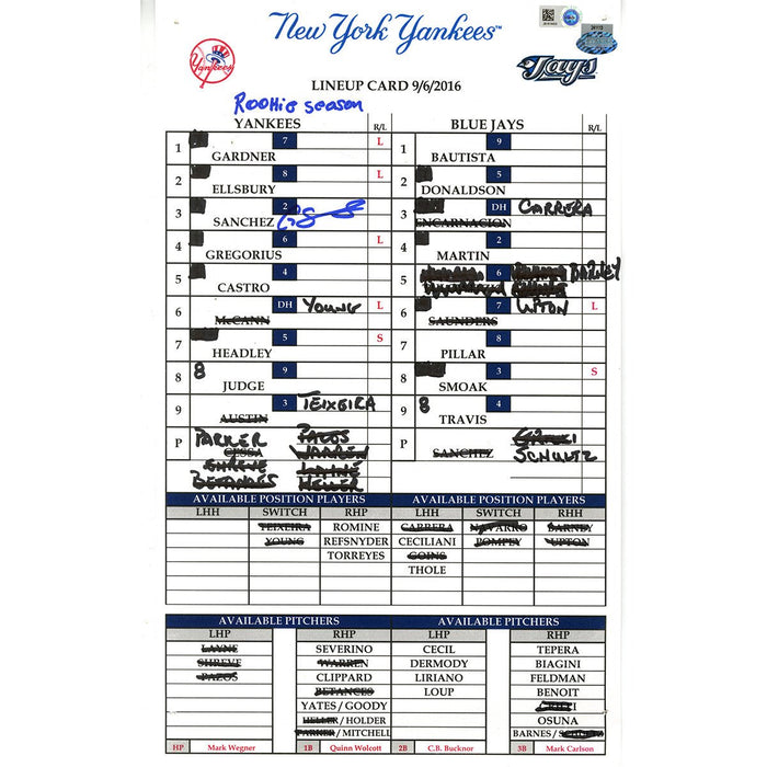 Gary Sanchez Signed Blue Jays at Yankees 9-6-2016 Game Used Lineup Card w/ "Rookie Season" Insc (JB814429)