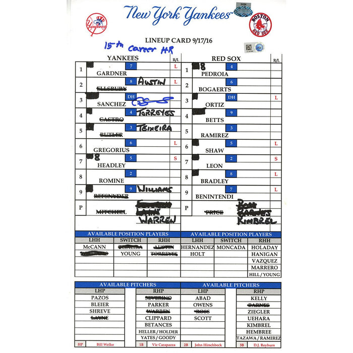 Gary Sanchez Signed Yankees at Red Sox 9-17-2016 Game Used Lineup Card w/ "15th Career HR" Insc (JC047098)