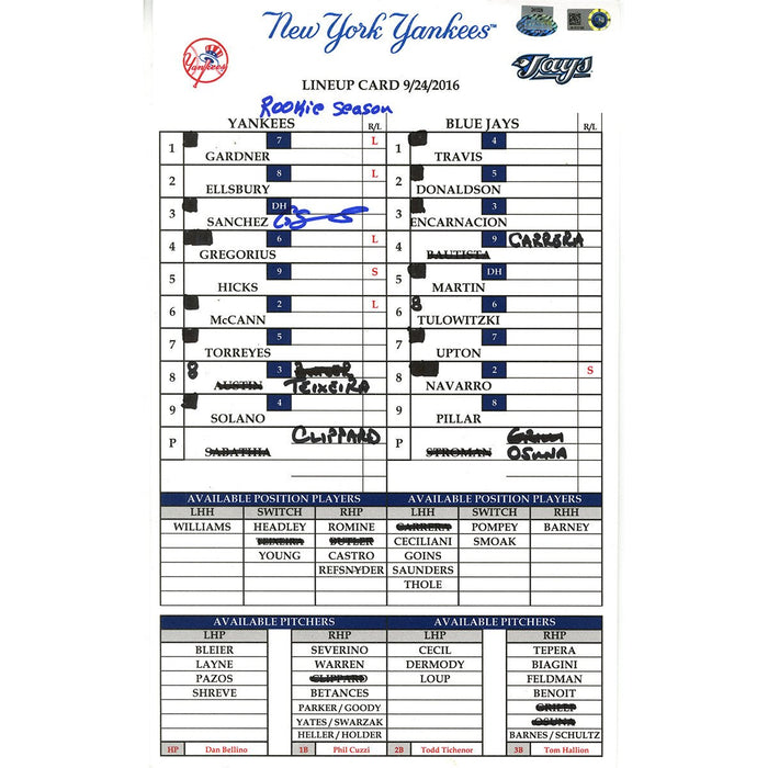 Gary Sanchez Signed Yankees at Blue Jays 9-24-2016 Game Used Lineup Card  w/ "Rookie Season" Insc (JB972199)