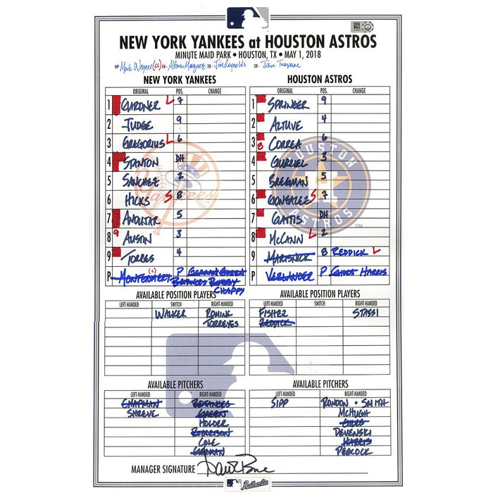 Yankees at Astros 5-1-2018 Game Used Lineup Card