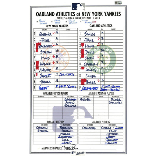 Athletics at Yankees 5-11-2018 Game Used Lineup Card