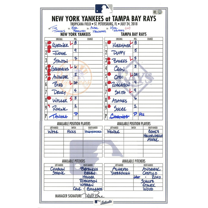 Yankees at Rays 7-24-2018 Game Used Lineup Card