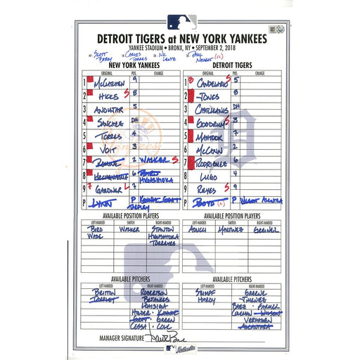 Tigers at Yankees 9-2-2018 Game Used Lineup Card