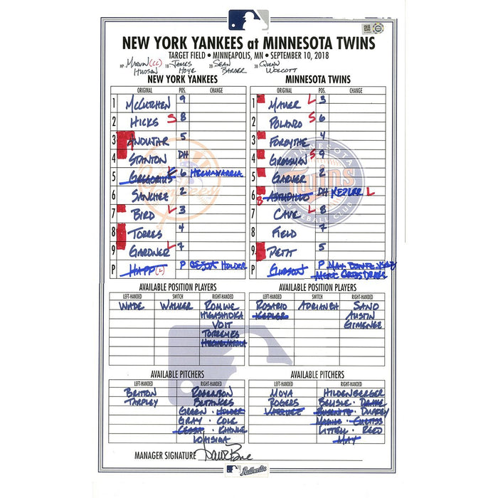 Yankees at Twins 9-10-2018 Game Used Lineup Card