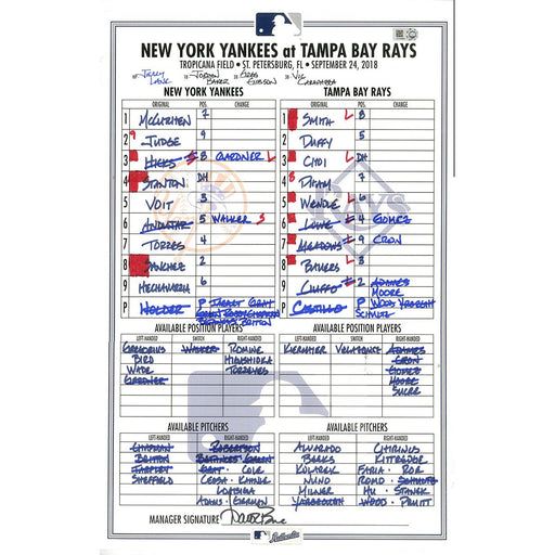 Yankees at Rays 9-24-2018 Game Used Lineup Card (JD316995) 
