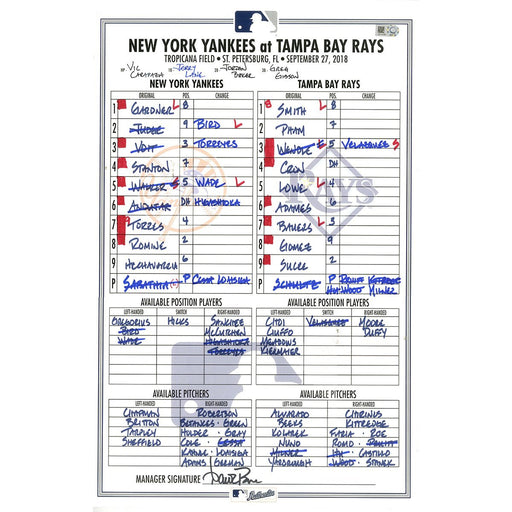 Yankees at Rays 9-27-2018 Game Used Lineup Card (JD111163) 
