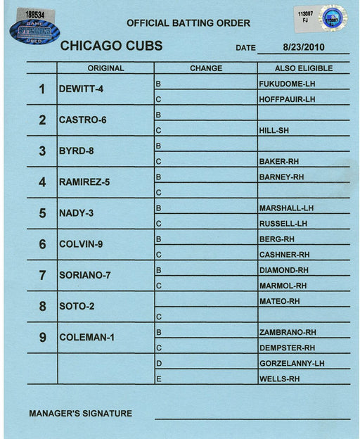 Chicago Cubs at Washington Nationals 8-23-2010 Blue Game Used Line-up Card  (FJ113087)