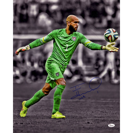 Tim Howard Signed USA Green Jersey Kick Vertical 16x20 Photo (JSA)