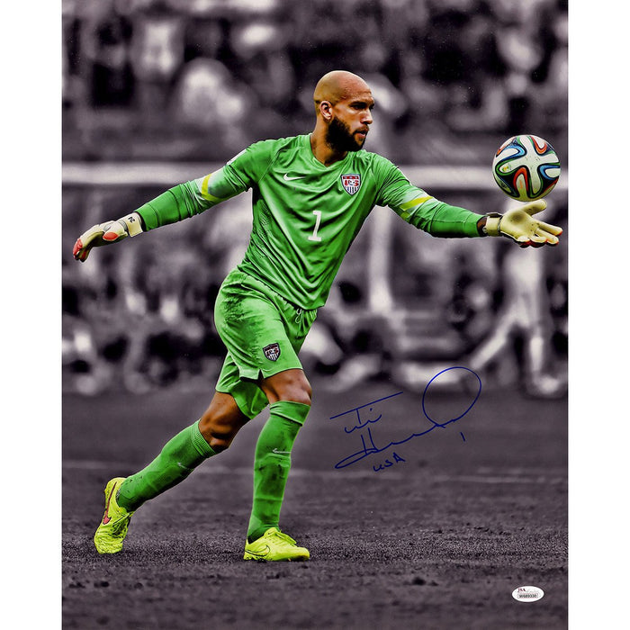 Tim Howard Signed USA Green Jersey Kick Vertical 16x20 Photo (JSA)