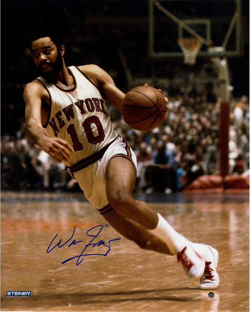 Walt Frazier Signed Knicks White Jersey Dribble 16x20 Photo