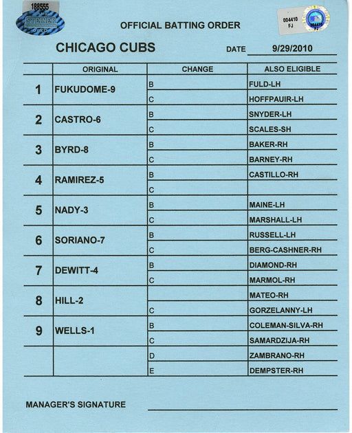 Chicago Cubs at San Diego Padres 9-29-2010 Blue Game Used Line-up Card  (FJ004410)