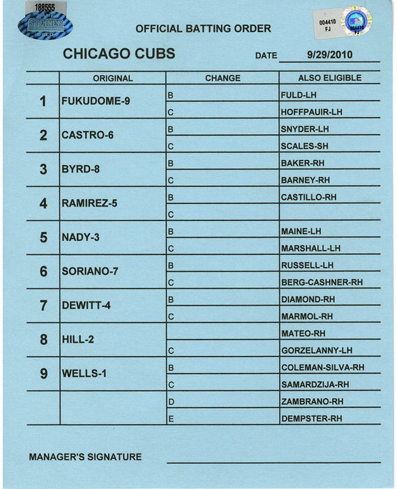 Chicago Cubs at San Diego Padres 9-29-2010 Blue Game Used Line-up Card  (FJ004410)