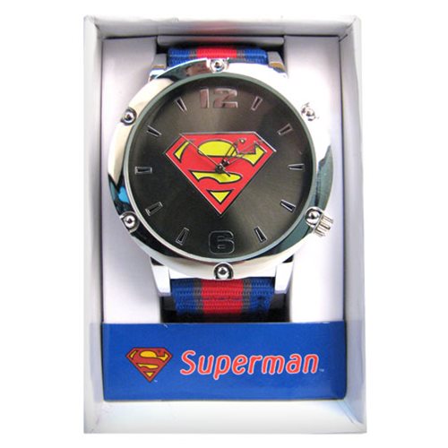 Superman Symbol Dial Grosgrain Striped Strap Watch          