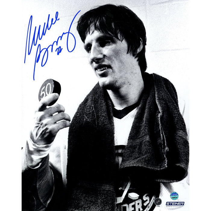 Mike Bossy Signed 50/50 Celebration Holding Puck 8X10 Photo