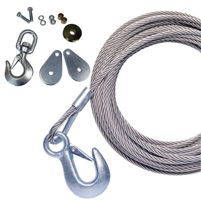Powerwinch 50' x 7-32" Stainless Steel Universal Premium Replacement Galvanized Cable w-Hook & Swivel Pulley Block
