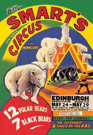 Billy Smart's New World Circus and Menagerie: 12 Polar Bears  7 Black Bears 12x18 Giclee on canvas