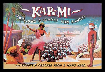 Kar-Mi Swallows a Loaded Gun Barrel and Shoots a Cracker from a Man's Head 12x18 Giclee on canvas
