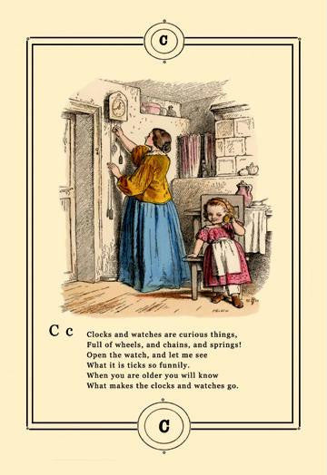 Little Lily's Alphabet: Clocks and Watches 12x18 Giclee on canvas