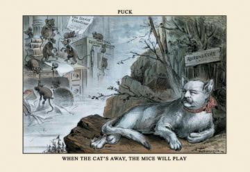 Puck Magazine: When the Cat's Away  the Mice Will Play 12x18 Giclee on canvas