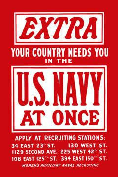 Extra--Your country needs you in the U.S. Navy at once Women's Auxiliary Naval Recruiting 12x18 Giclee on