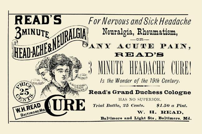 Read's 3 minute Head-Ache & Neuralgia Cure 12x18 Giclee on canvas