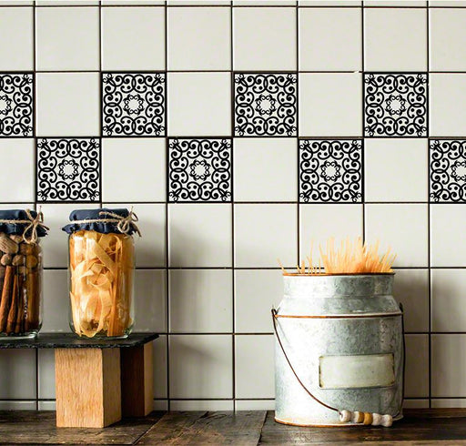 Edwardian Scroll Black RETile Decal Clear Bkg 6 inch Tile