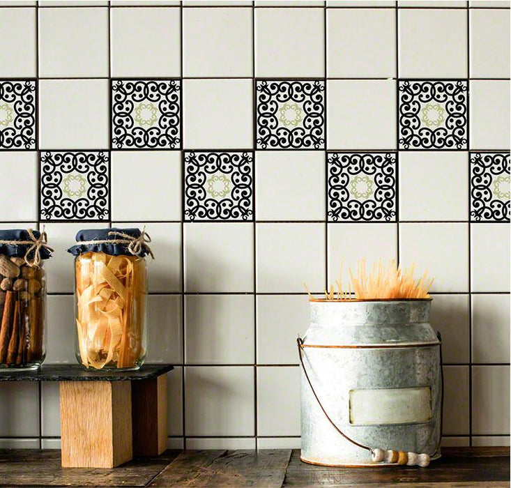 Edwardian Scroll Sage RETile Decal White Bkg 4 inch Tile