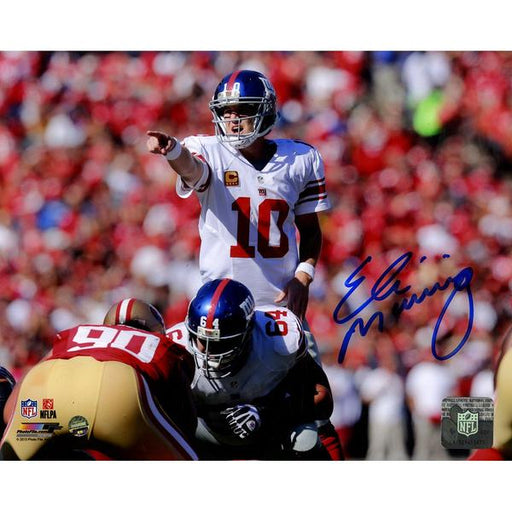 Eli Manning Signed Pointing At Line vs. 49ers 8x10 Photo