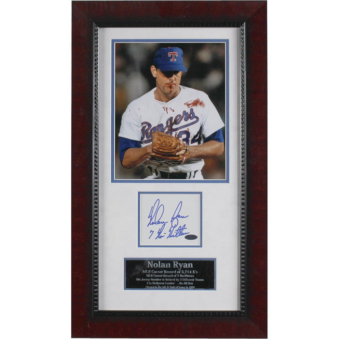 Nolan Ryan Framed Collage w/ 7 No Hitters Inscribed Cut Signature - SSM Auth (13x23 Outer Frame Dims)
