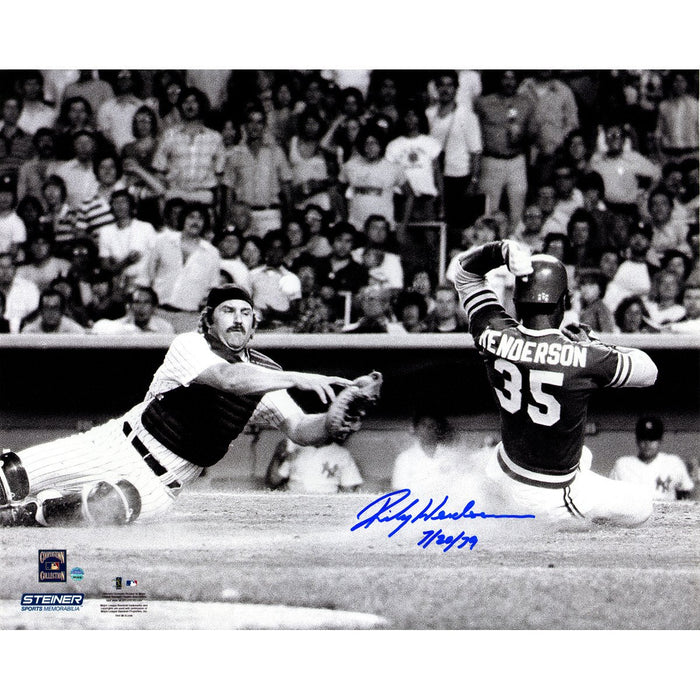 Rickey Henderson 1979 Scoring vs. Thurman Munson 16x20 Photo w/ "7/20/79" Insc