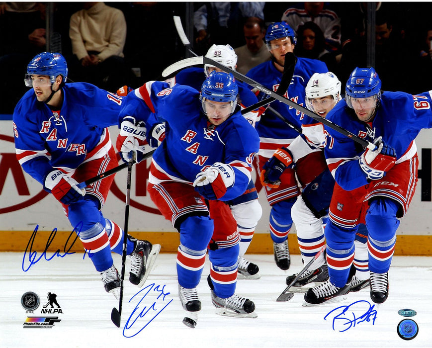 New York Rangers Triple Signed Zuccarello  Pouliot and Brassard Skating 16x20 photo