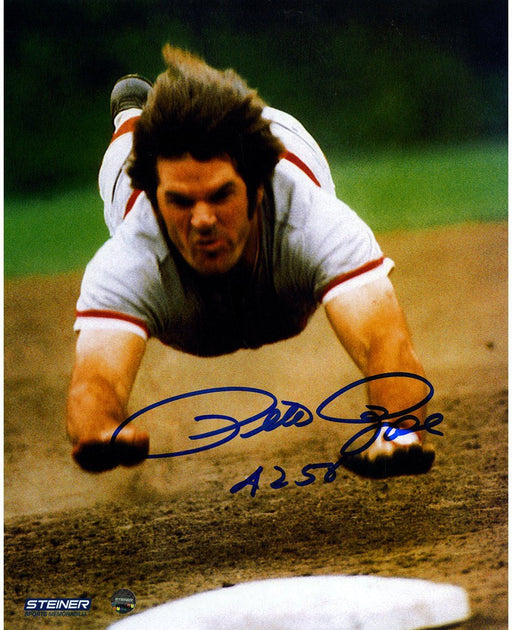 Pete Rose Signed Head First Slide 8x10 Photo w/ 4256 Insc