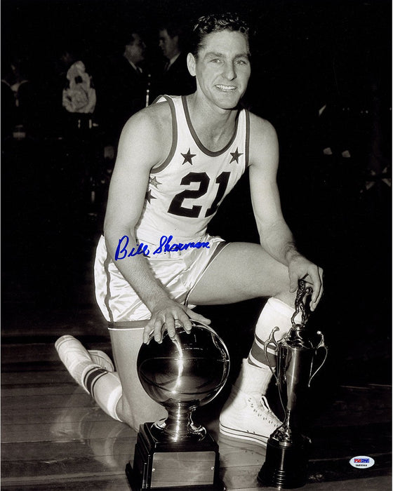 Bill Sharman Signed Kneeling with Trophies 16x20 Photo