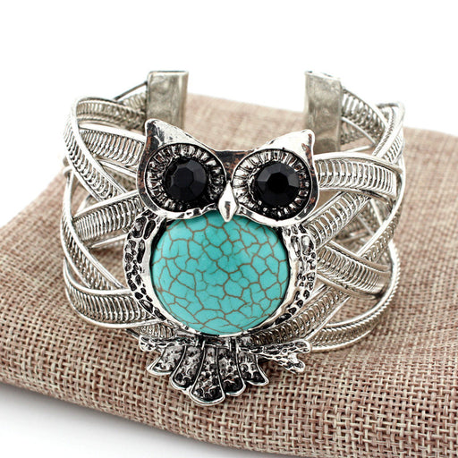 Vintage Owl Silver Bracelets with Turquoise Stone Wide Bracelet Bangle for Women Jewelry
