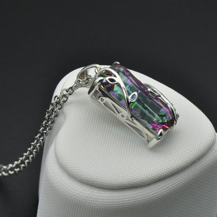 D&Z Handmade Fire Rainbow Mystic Natural Crystal Pendant Necklace Sterling Silver Vintage for Women Necklace Jewelry