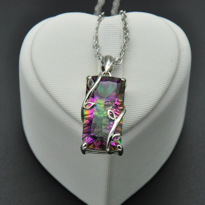 D&Z Handmade Fire Rainbow Mystic Natural Crystal Pendant Necklace Sterling Silver Vintage for Women Necklace Jewelry