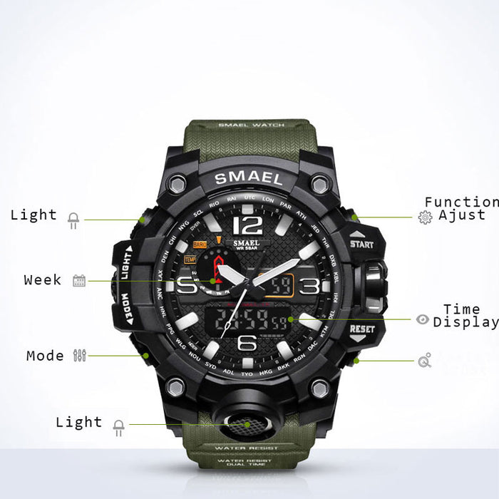 New Best Seller Men's Military Watch 50m Waterproof LED Quartz Clock Sports Watch, Luminous, Multiple Time Zones, Shock Resistant, Many Colors